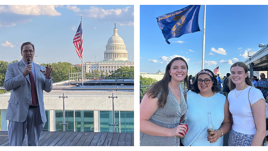 Man in front of flag and capitol building, 3 students in front of flag