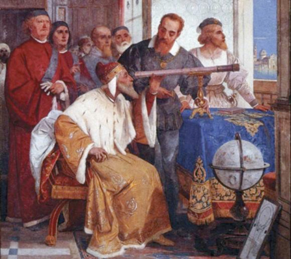 A painting of Galileo and several peers.